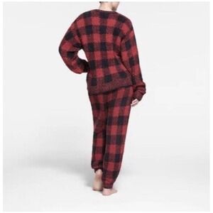 SKIMS NWT Cozy Knit Hoodie and Jogger Set Brick Buffalo Check‎ Red Black S/M